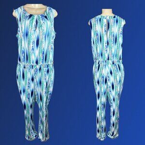 Kate & Mallory L Blue-Teal Print Shirred Waist Slit Back Sleeveless Jumpsuit